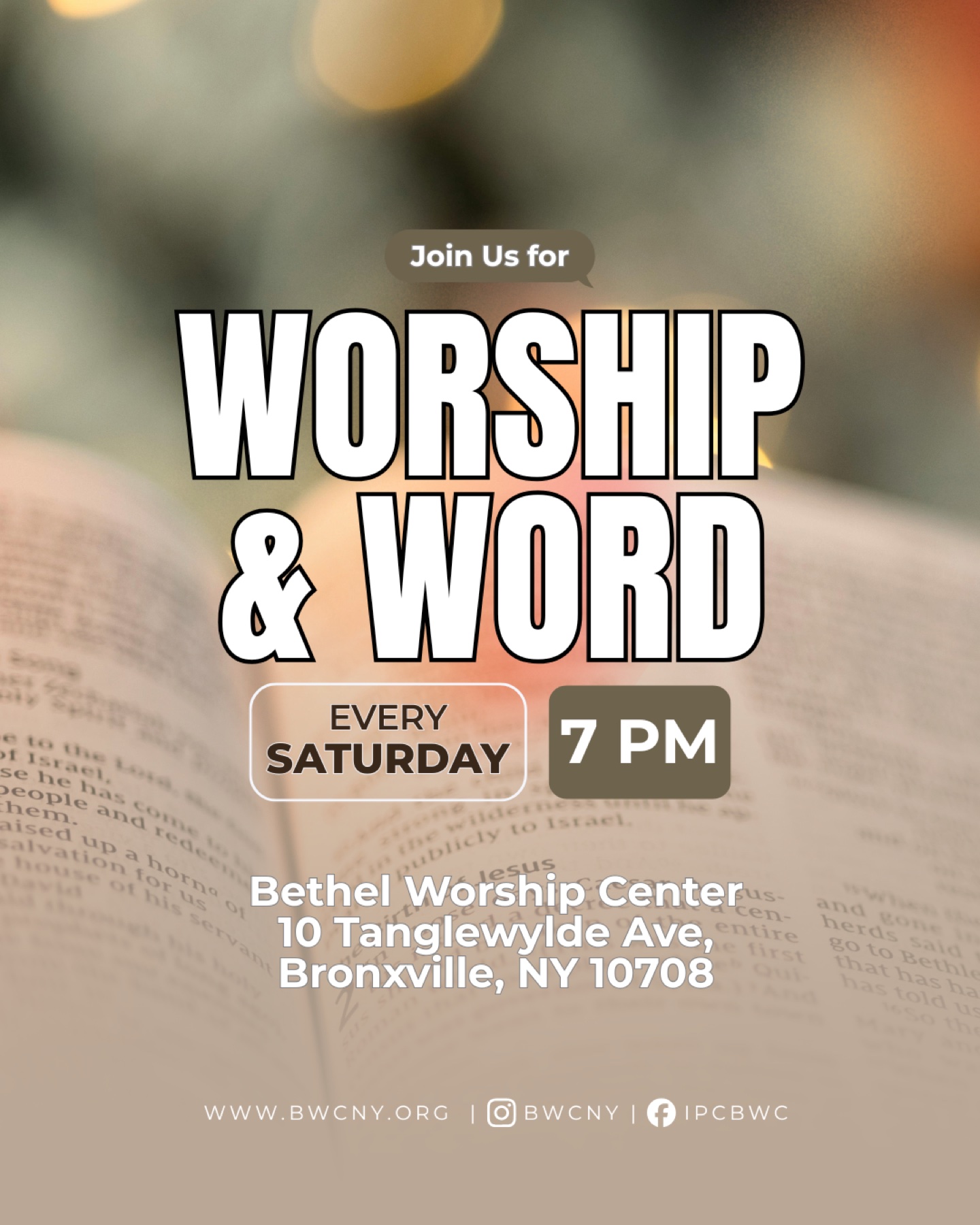 Bethel Worship Center Saturday Bible Study flyer — 7:00 PM